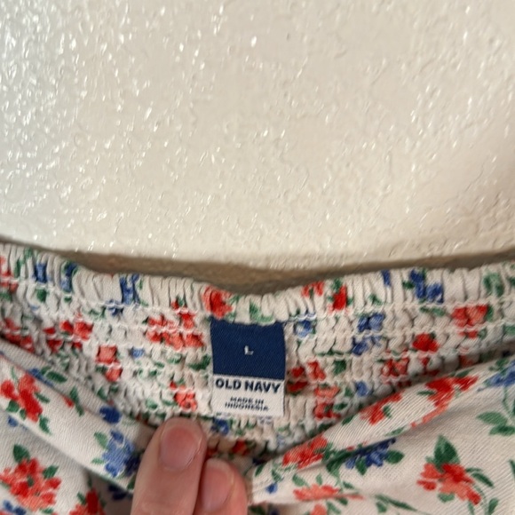 Old Navy Red White Blue Floral Linen Sweetheart Dress Smocked Back Midi Size LG - Picture 3 of 10